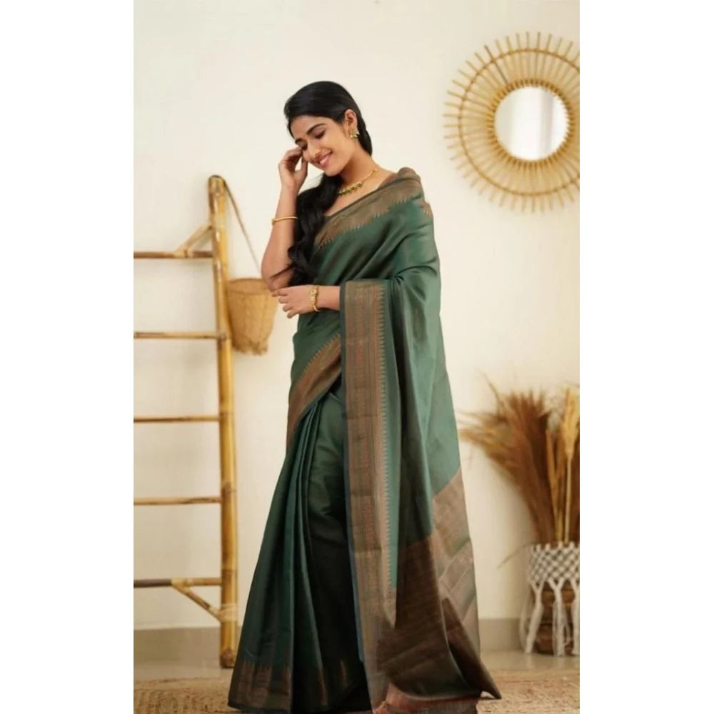 Women's Litchi silk Printed Saree With Unstitched Blouse (Green)