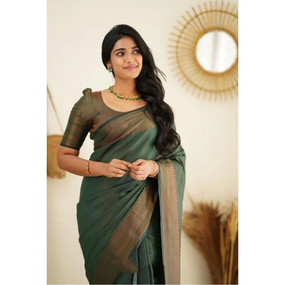 Women's Litchi silk Printed Saree With Unstitched Blouse (Green)