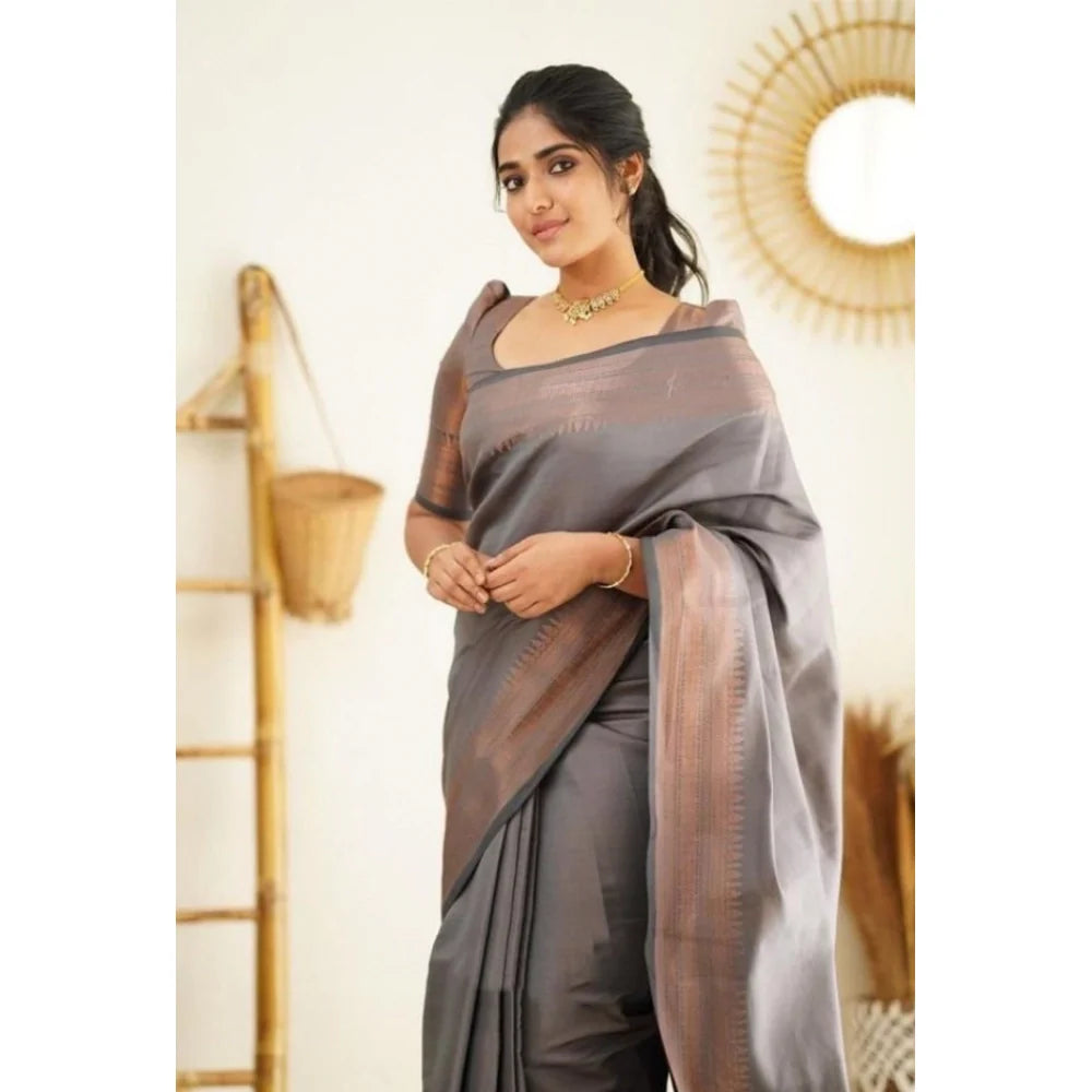 Women's Litchi silk Printed Saree With Unstitched Blouse (Grey)