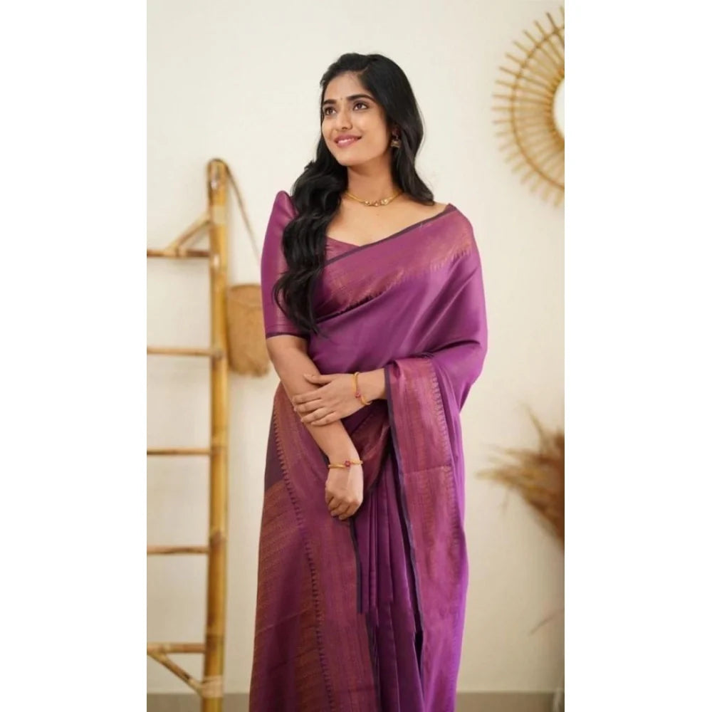 Women's Litchi silk Printed Saree With Unstitched Blouse (Purple)