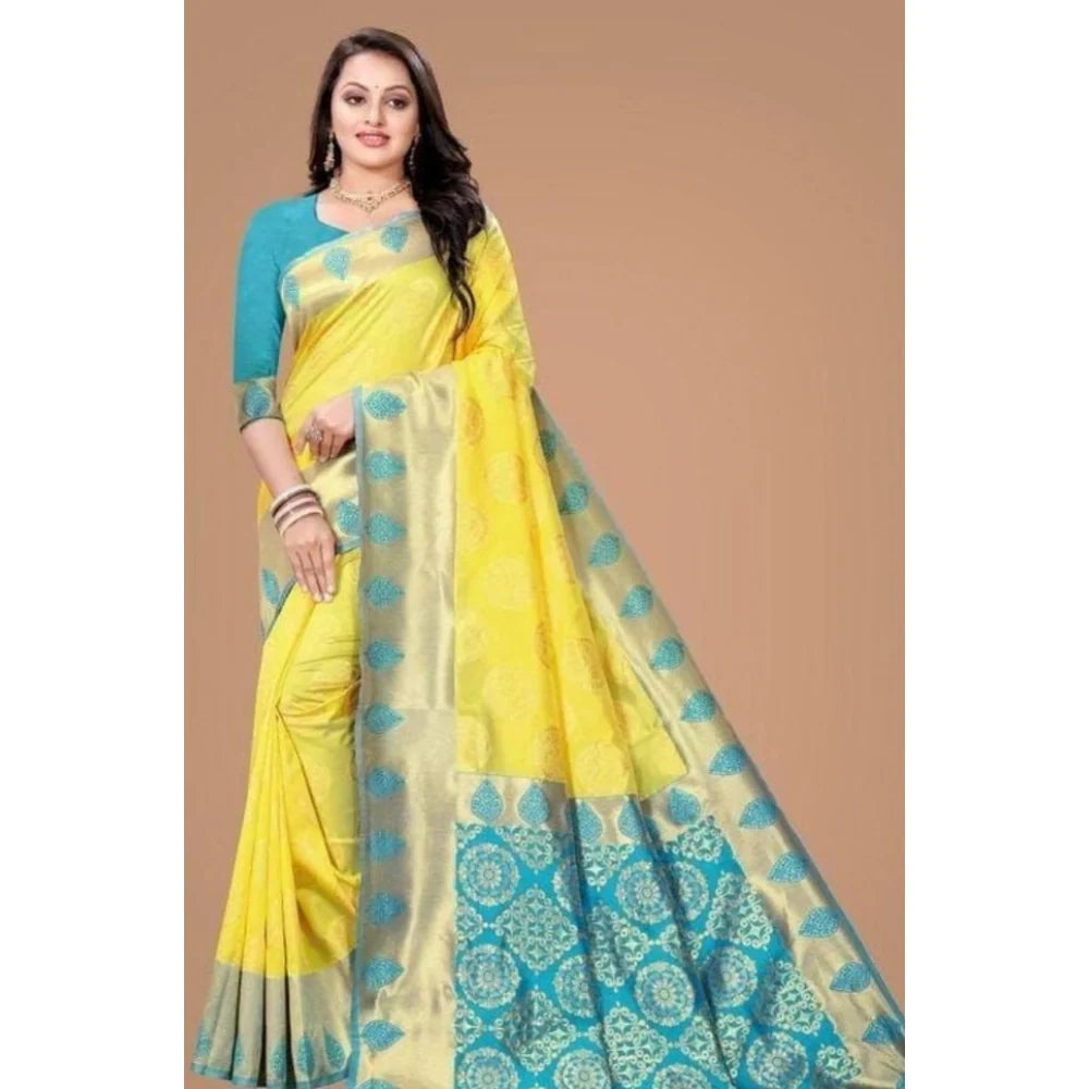 Women's Litchi silk Printed Saree With Unstitched Blouse (Yellow)