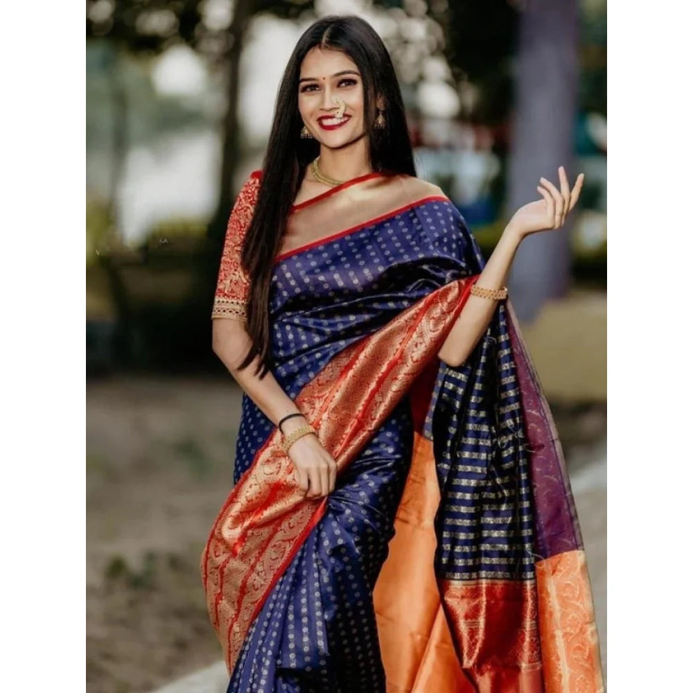 Women's Litchi silk Printed Saree With Unstitched Blouse (Blue)