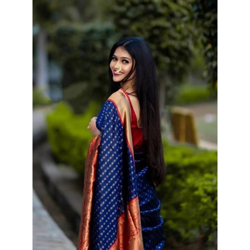Women's Litchi silk Printed Saree With Unstitched Blouse (Blue)