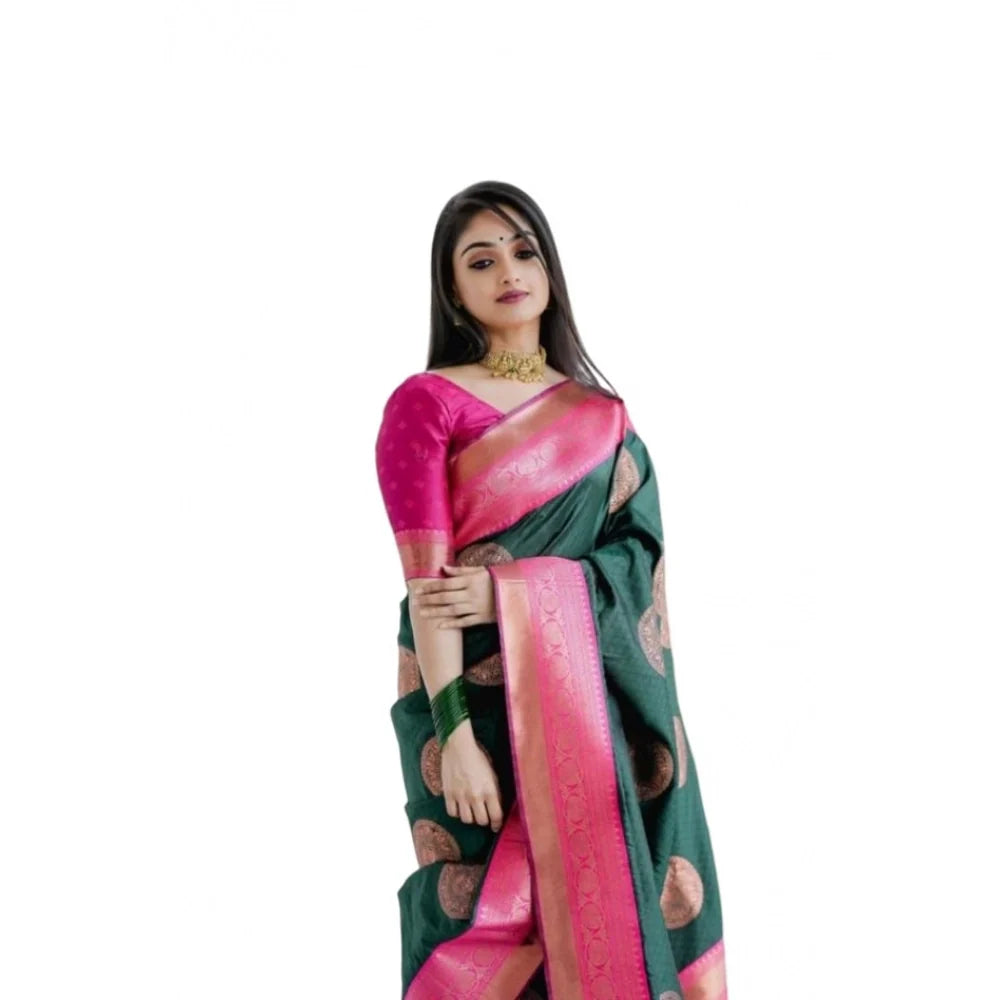 Women's Soft Litchi Silk Jacquard Work Saree With Unstitched Blouse 5.5Mtr (Green)