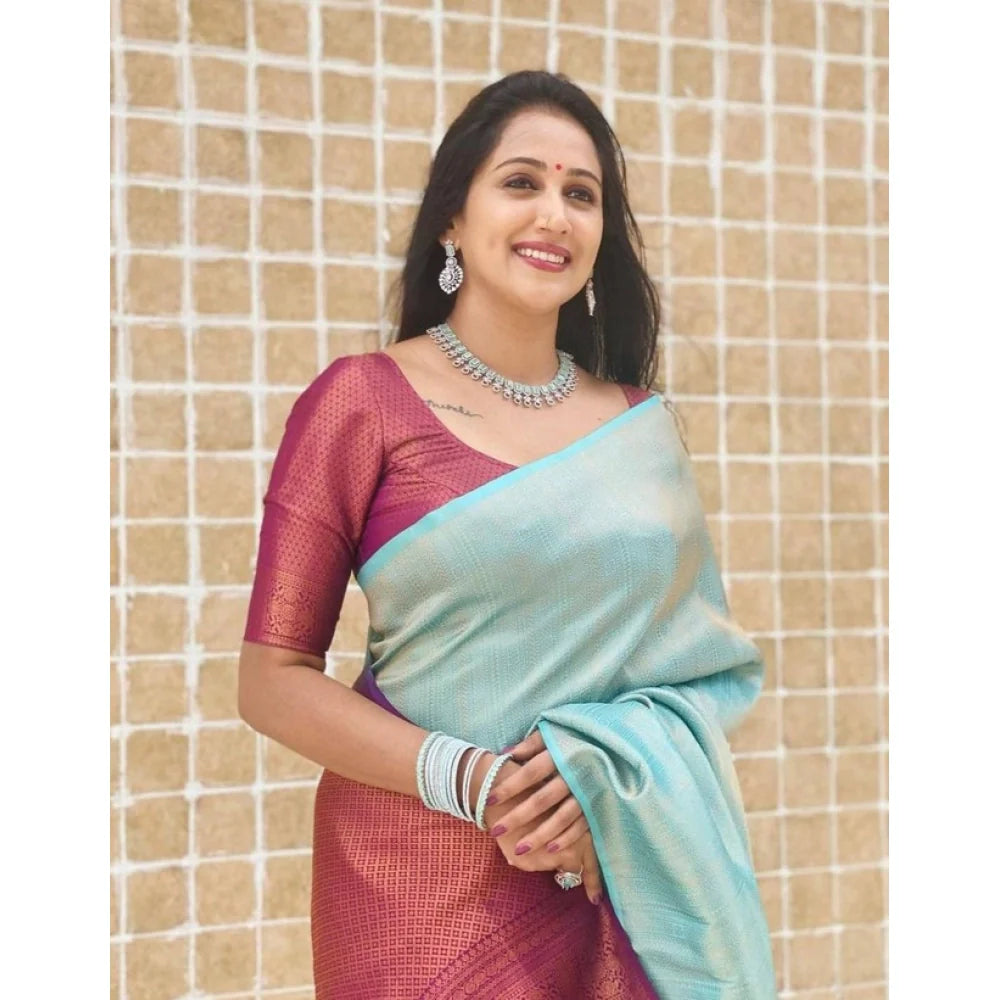 Women's Litchi silk Printed Saree With Unstitched Blouse (Blue)