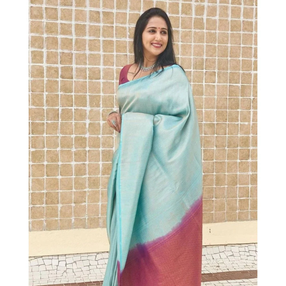 Women's Litchi silk Printed Saree With Unstitched Blouse (Blue)