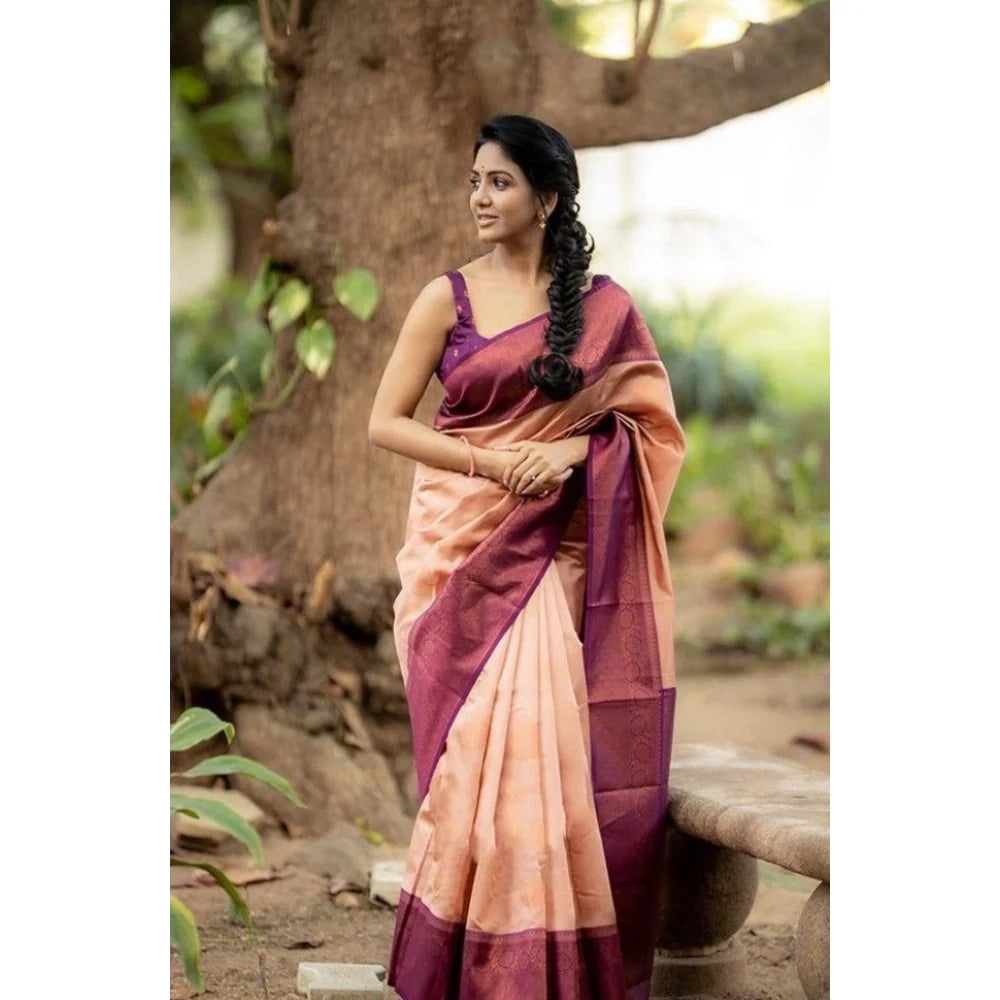Women's Litchi silk Printed Saree With Unstitched Blouse (Beige)