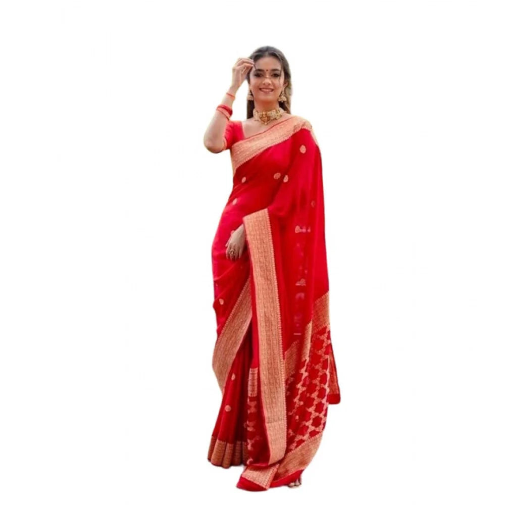 Women's Litchi silk Printed Saree With Unstitched Blouse (Red)