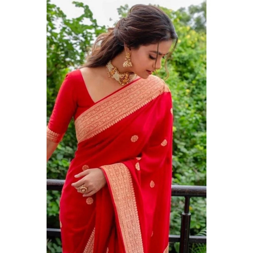 Women's Litchi silk Printed Saree With Unstitched Blouse (Red)