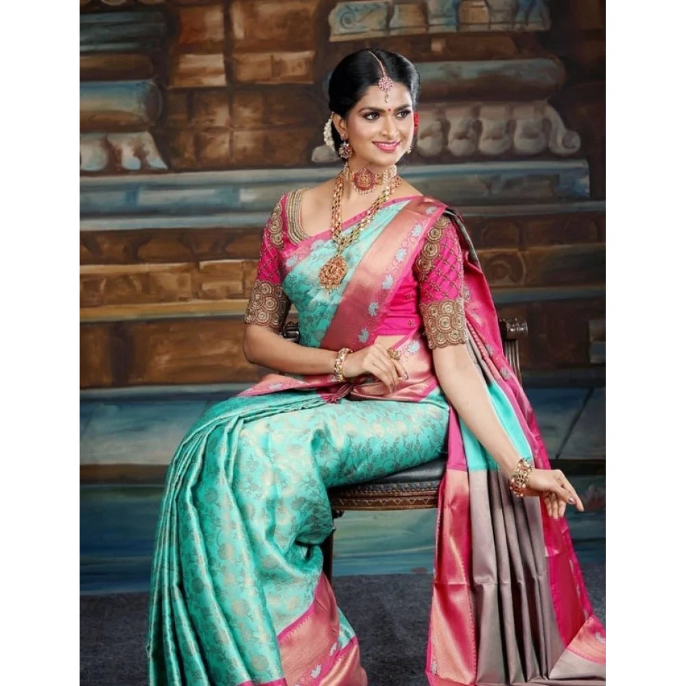 Women's Litchi silk Printed Saree With Unstitched Blouse (Turquise Blue)