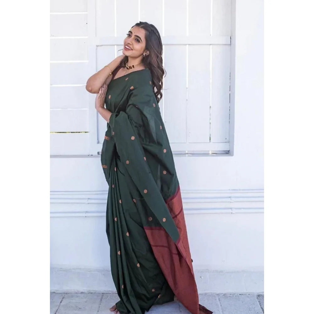 Women's Litchi silk Printed Saree With Unstitched Blouse (Dark Green)