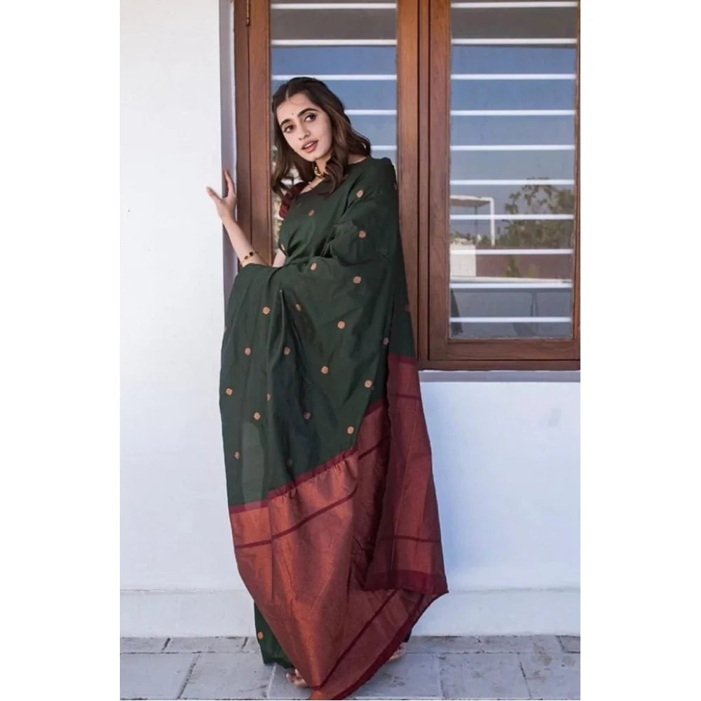 Women's Litchi silk Printed Saree With Unstitched Blouse (Dark Green)