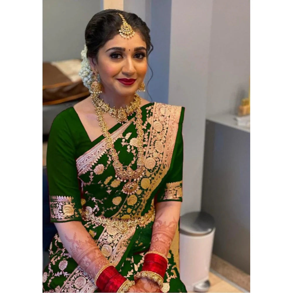 Women's Litchi silk Printed Saree With Unstitched Blouse (Green)