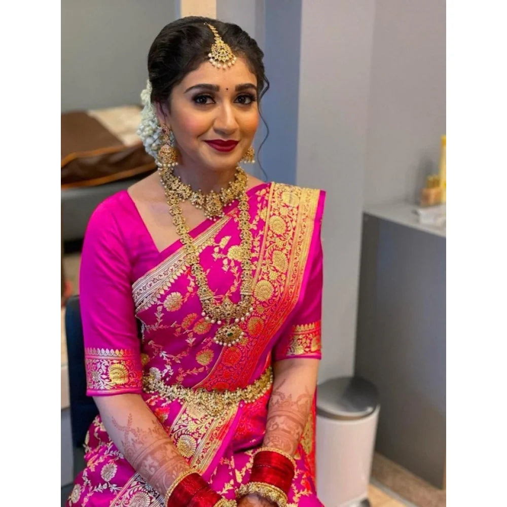 Women's Litchi silk Printed Saree With Unstitched Blouse (Pink)