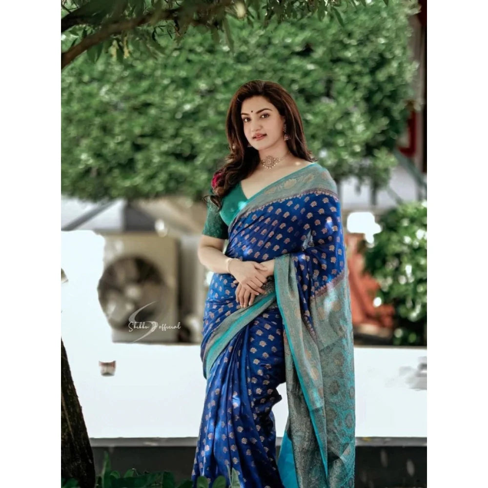 Women's Litchi silk Printed Saree With Unstitched Blouse (Navy Blue)