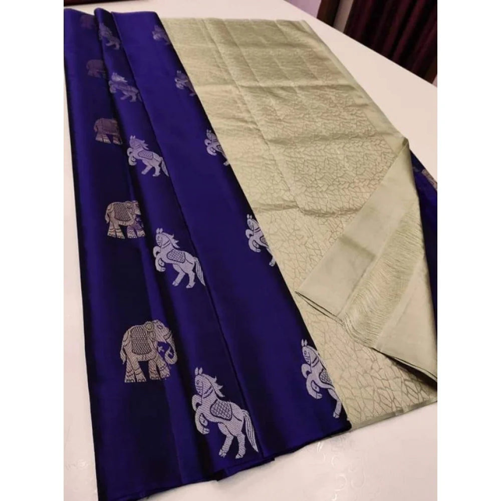 Women's Litchi silk Printed Saree With Unstitched Blouse (Navy Blue With White)