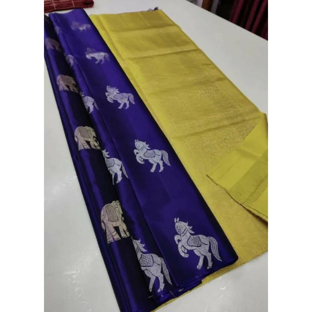Women's Litchi silk Printed Saree With Unstitched Blouse (Navy Blue With Yellow)