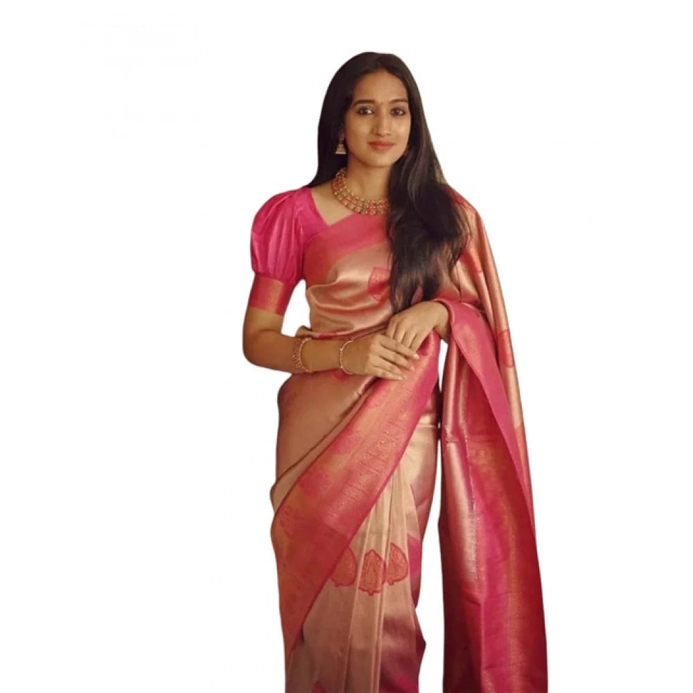 Women's Soft Litchi Silk Jacquard Work Saree With Unstitched Blouse 5.5Mtr (Pink)