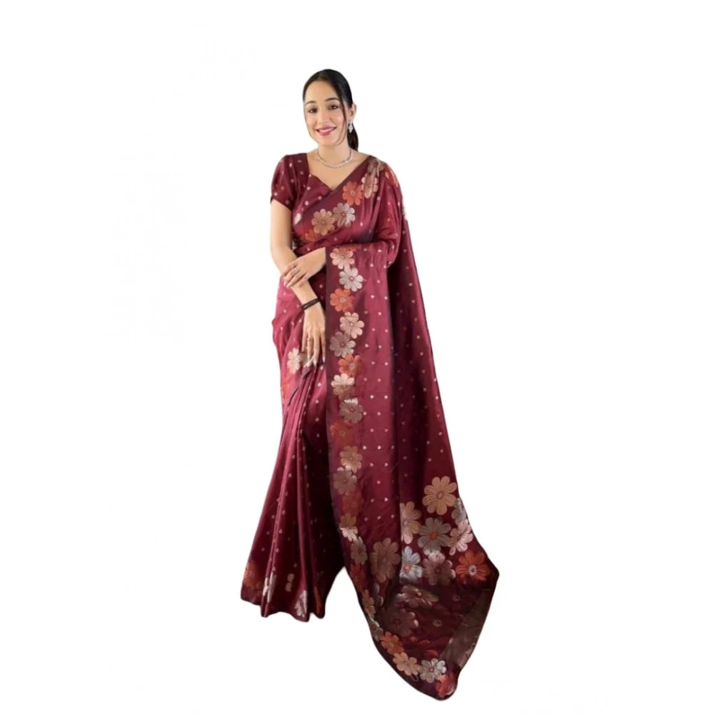 Women's Soft Litchi Silk Jacquard Work Saree With Unstitched Blouse 5.5Mtr (Maroon)