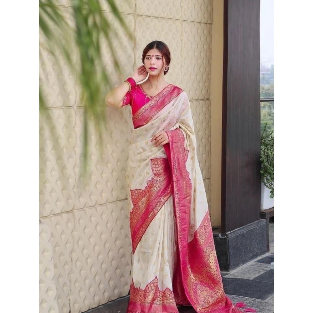 Women's Litchi silk Printed Saree With Unstitched Blouse (Half White)
