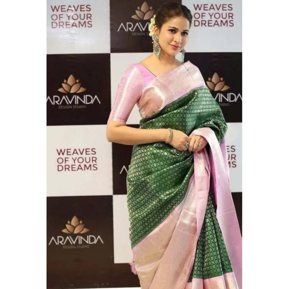 Women's Litchi silk Printed Saree With Unstitched Blouse (Green)