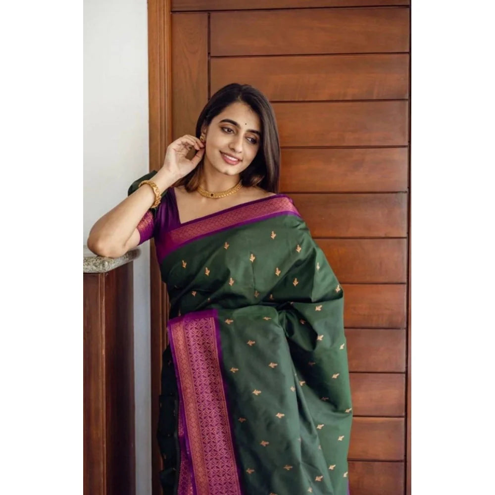 Women's Litchi silk Printed Saree With Unstitched Blouse (Dark Green)