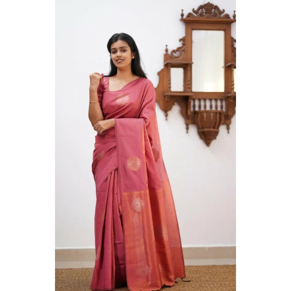 Women's Litchi silk Printed Saree With Unstitched Blouse (Peach)