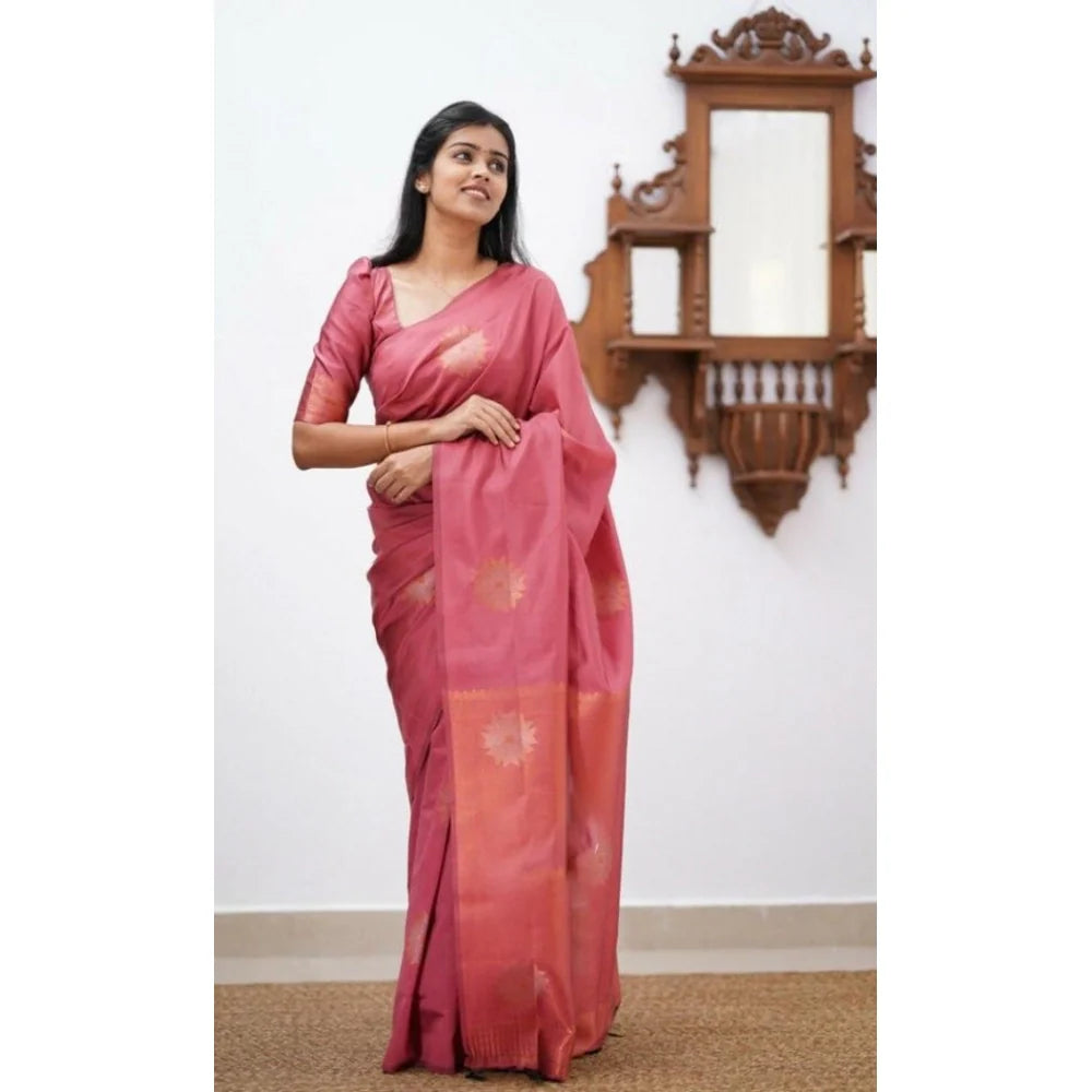 Women's Litchi silk Printed Saree With Unstitched Blouse (Peach)