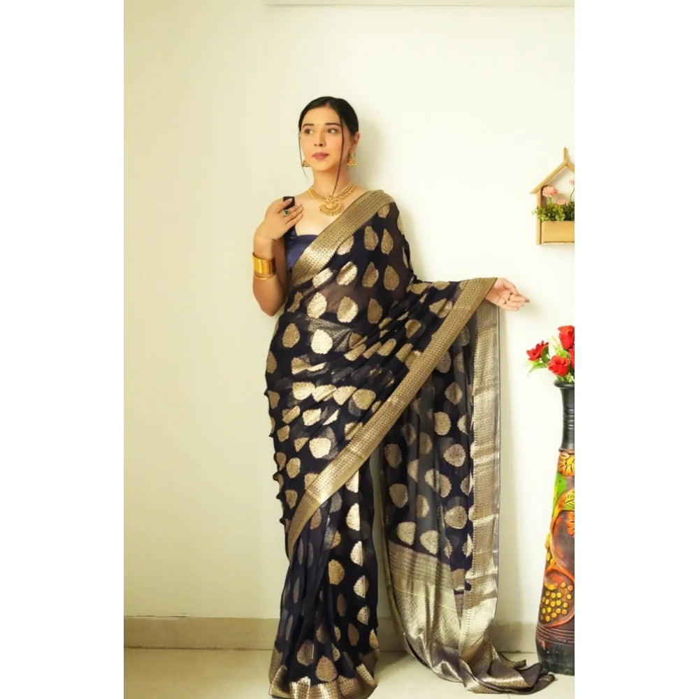 Women's Litchi silk Printed Saree With Unstitched Blouse (Black)