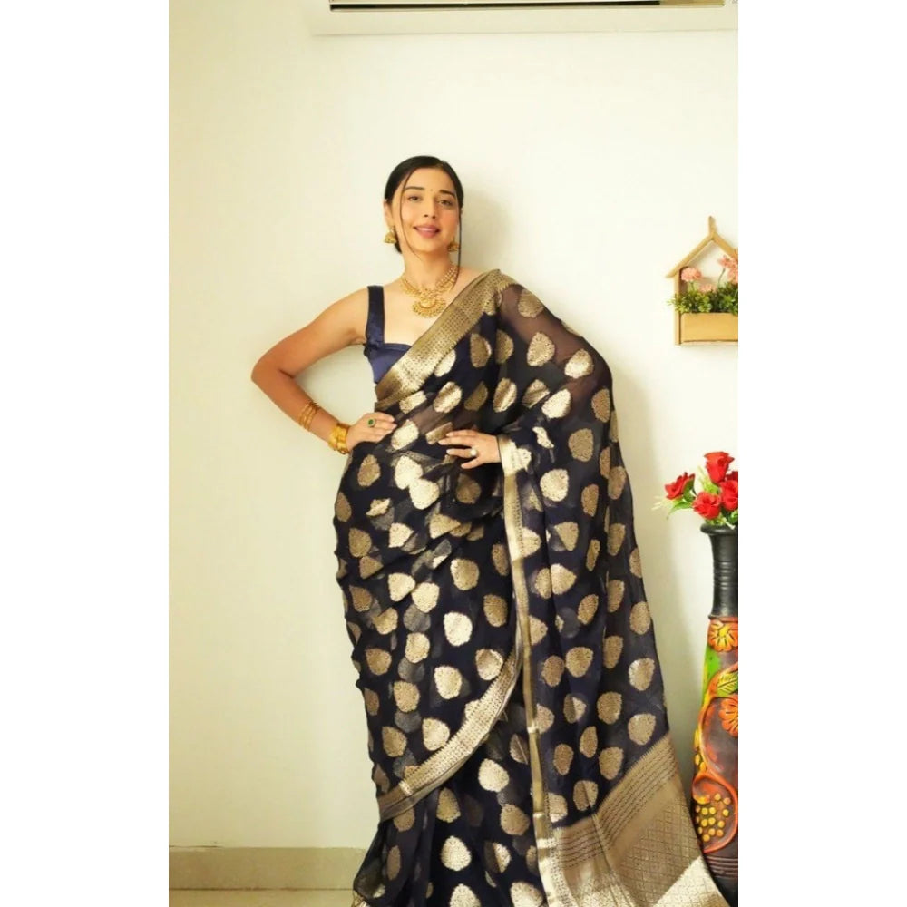 Women's Litchi silk Printed Saree With Unstitched Blouse (Black)