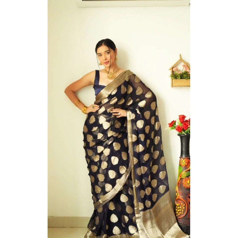 Women's Litchi silk Printed Saree With Unstitched Blouse (Black)