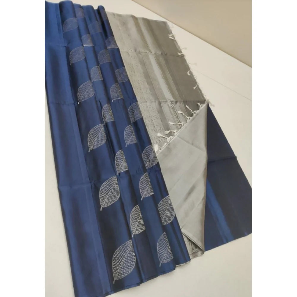 Women's Litchi silk Printed Saree With Unstitched Blouse (Dark Blue)