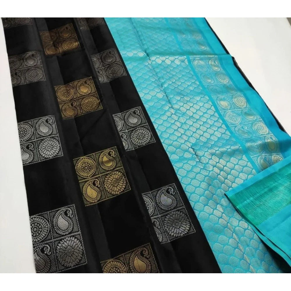 Women's Litchi silk Printed Saree With Unstitched Blouse (Black With Blue)