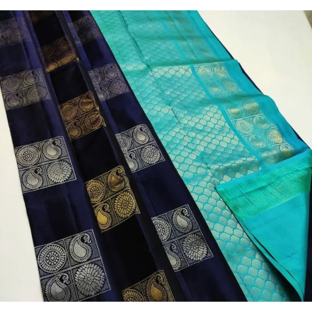 Women's Litchi silk Printed Saree With Unstitched Blouse (Navy Blue With Turquise Blue)