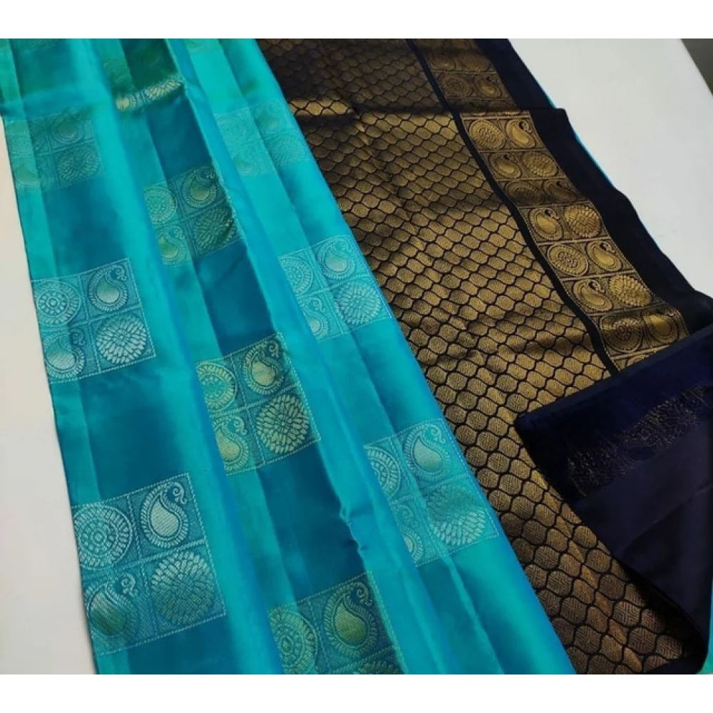 Women's Litchi silk Printed Saree With Unstitched Blouse (Light Blue With Black)