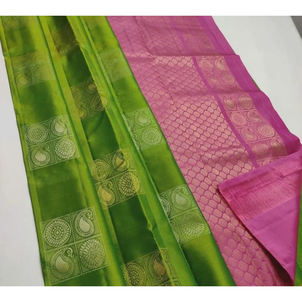 Women's Litchi silk Printed Saree With Unstitched Blouse (Green With Pink)