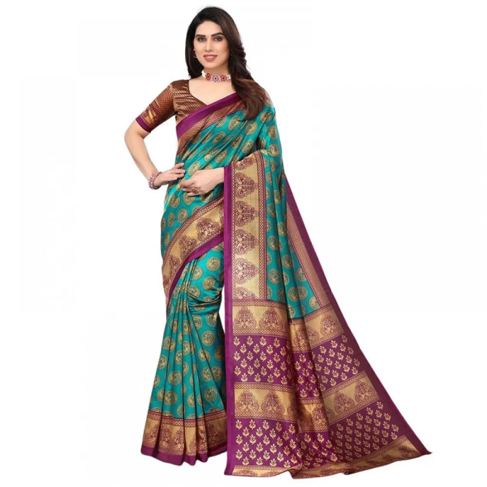 Women's Litchi silk Printed Saree With Unstitched Blouse  5-6 Mtrs (Green)