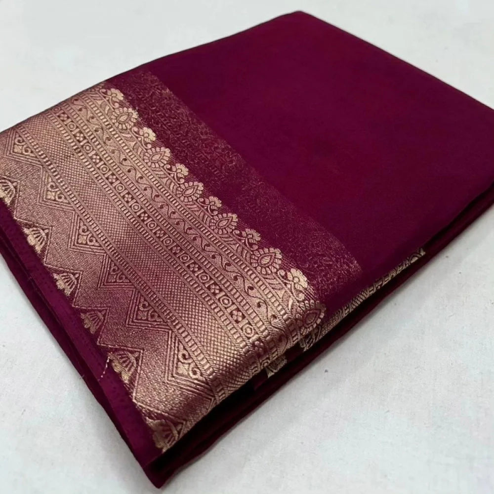 Women's Crepe Chit Pallu Solid Saree With Unstitched Blouse 5.5Mtr (Purple)