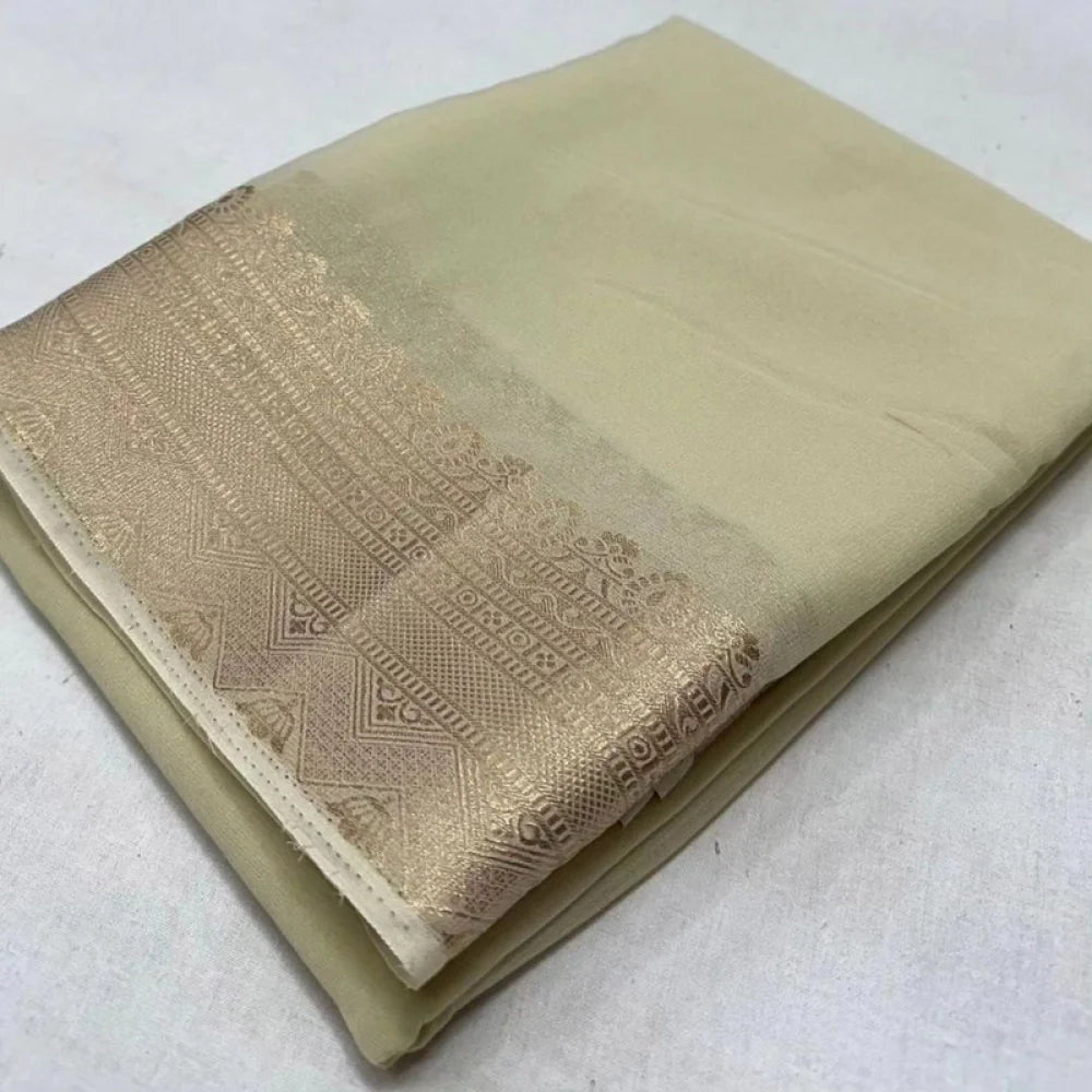 Women's Crepe Chit Pallu Solid Saree With Unstitched Blouse 5.5Mtr (Beige)