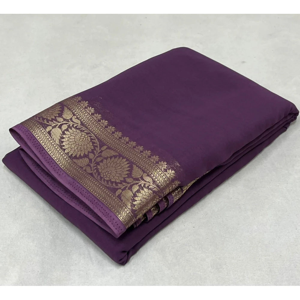 Women's Crepe Chit Pallu Solid Saree With Unstitched Blouse 5.5Mtr (Purple)