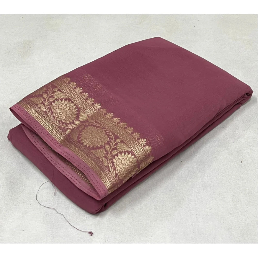 Women's Crepe Chit Pallu Solid Saree With Unstitched Blouse 5.5Mtr (Peach)