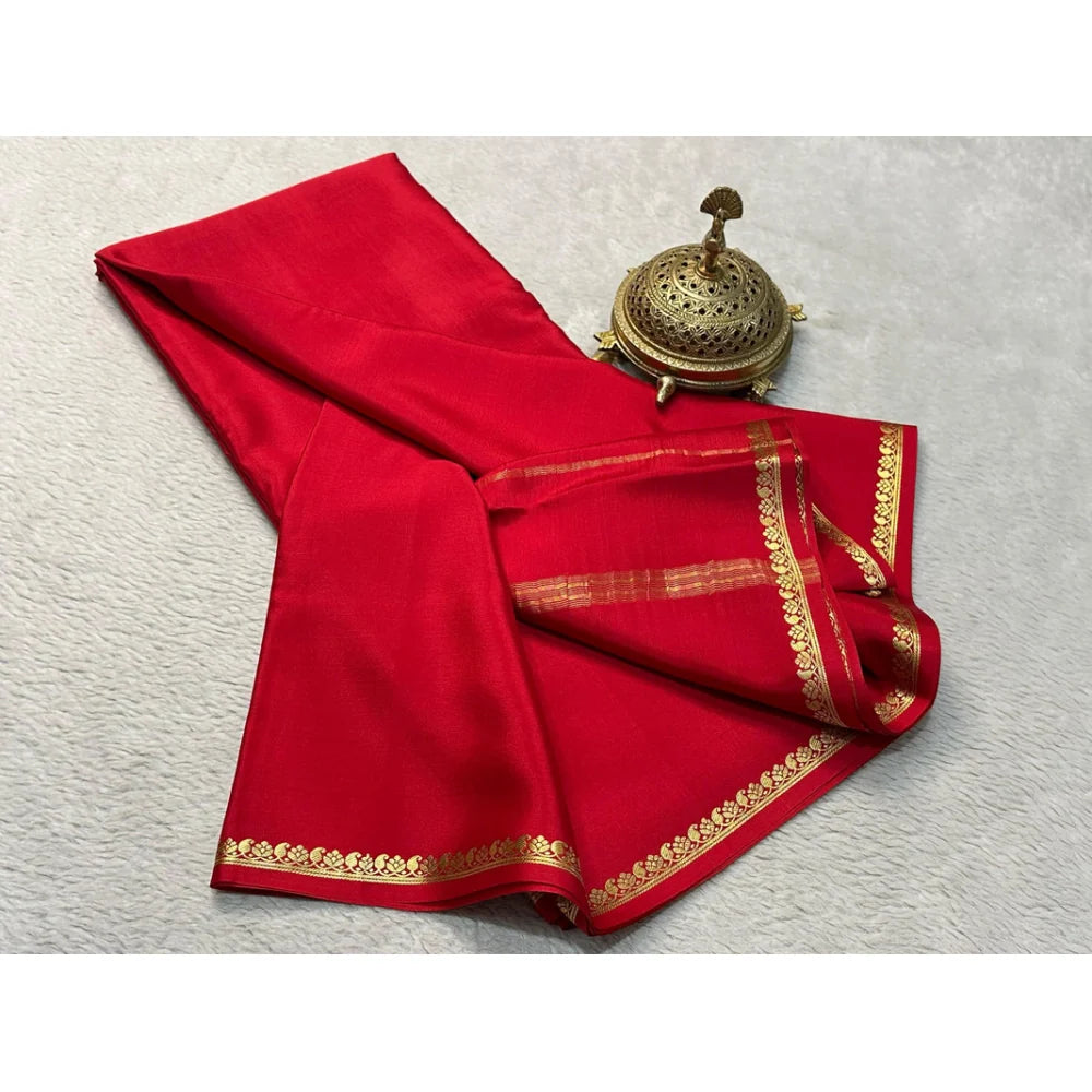 Women's Crepe Chit Pallu Solid Saree With Unstitched Blouse 5.5Mtr (Red)
