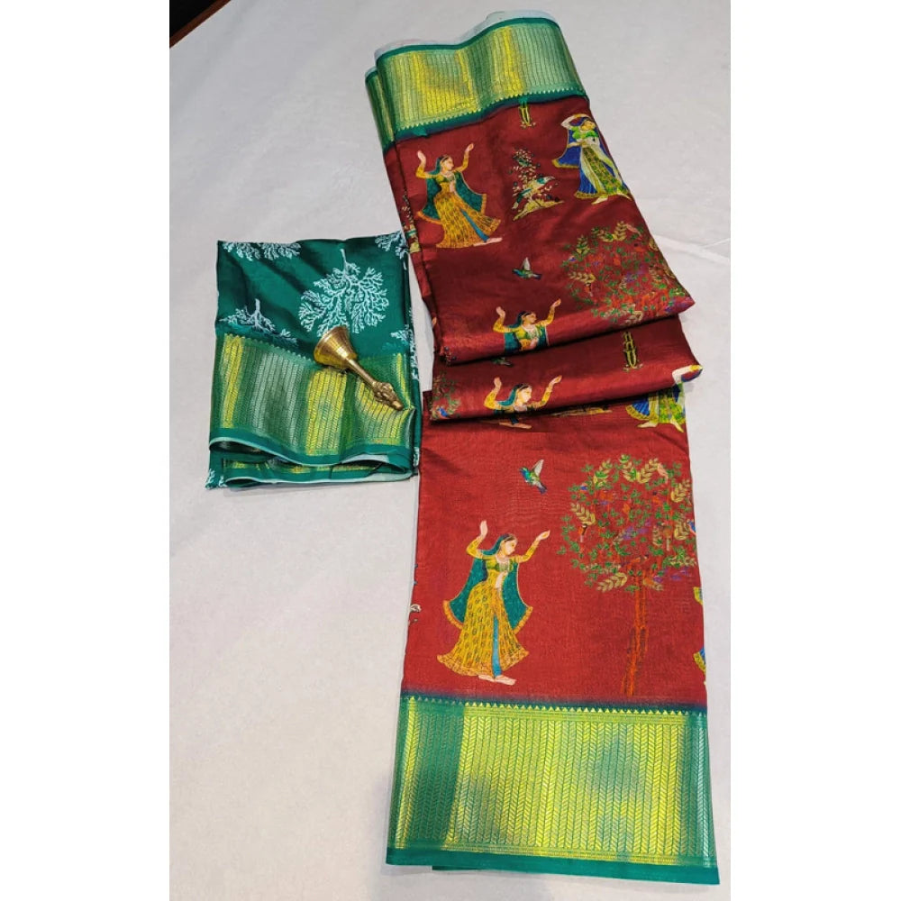 Women's Digital Dolla Silk Printed Saree With Unstitched Blouse 5.5Mtr (Brown)