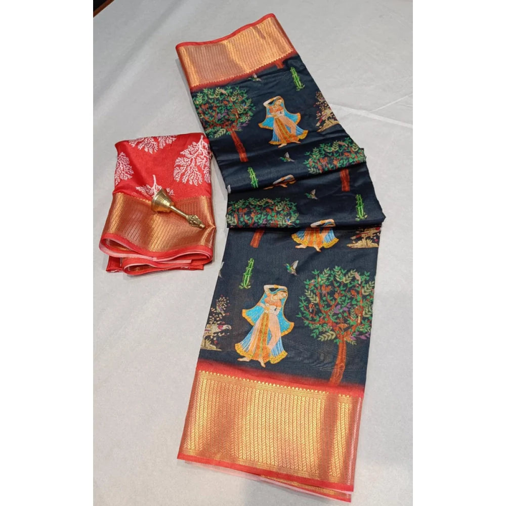 Women's Digital Dolla Silk Printed Saree With Unstitched Blouse 5.5Mtr (Black)