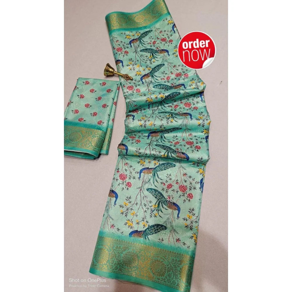 Women's Digital Dolla Silk Printed Saree With Unstitched Blouse 5.5Mtr (Pista Green)