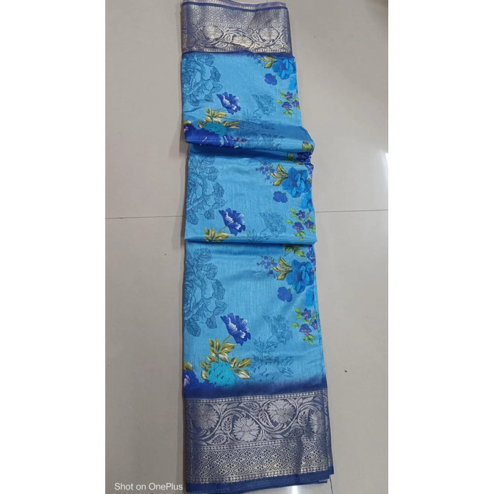 Women's Digital Dolla Silk Printed Saree With Unstitched Blouse 5.5Mtr (Sky Blue)
