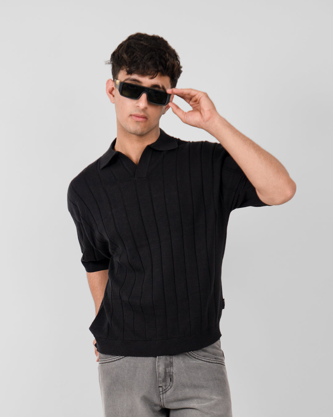 Black Striped Knitted Polo T-Shirt