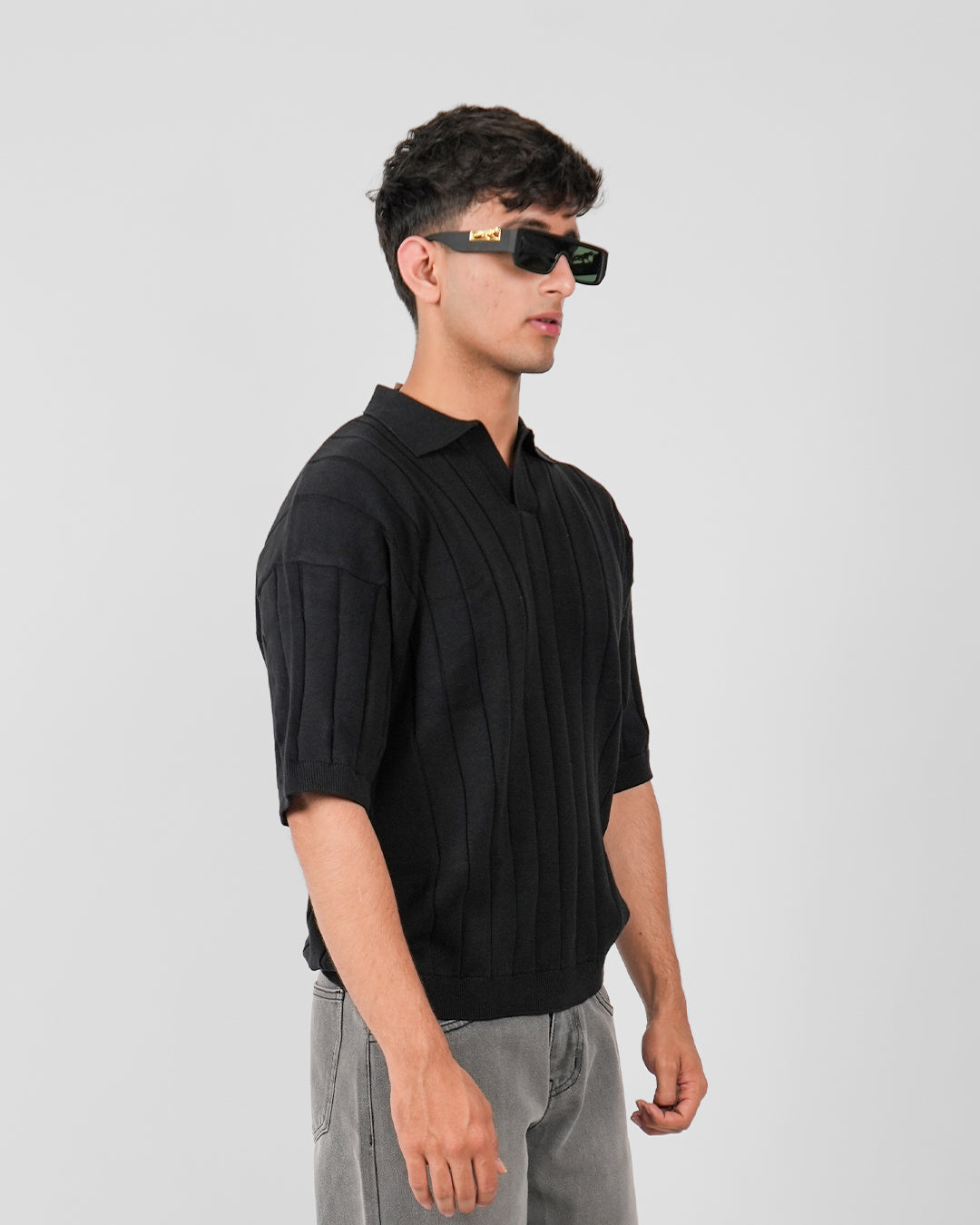 Black Striped Knitted Polo T-Shirt