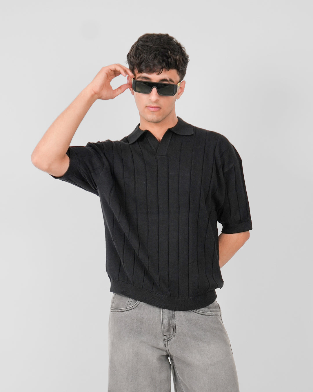 Black Striped Knitted Polo T-Shirt