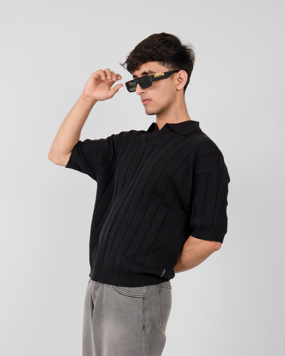 Black Striped Knitted Polo T-Shirt